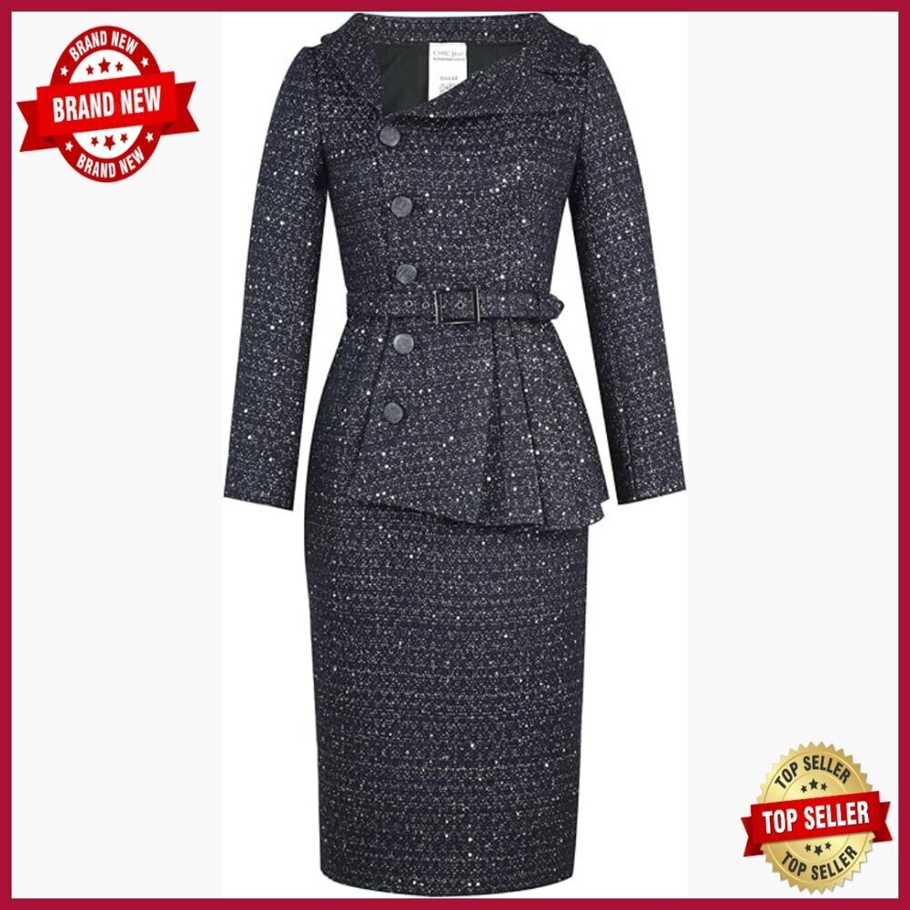 Long Sleeve Midi Tweed Dress with Sequins and Belt for Work